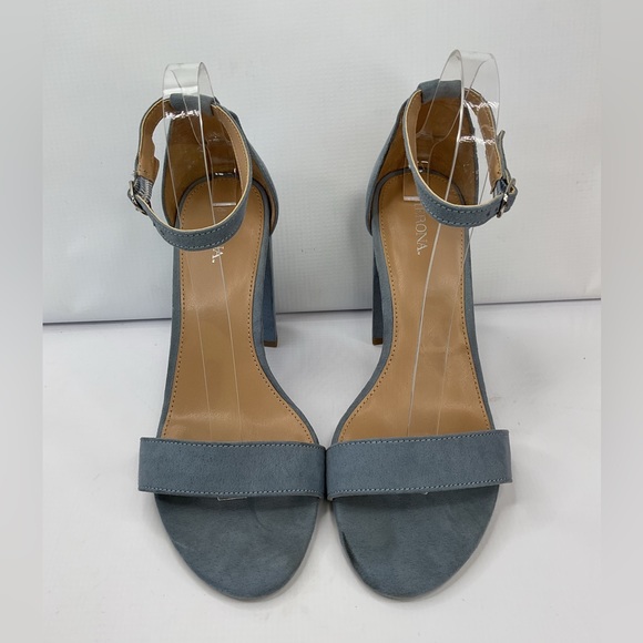 1510-Merona Women Blue Suede Open Toe Ankle Strap Stacked Chunky Heels - Picture 2 of 11
